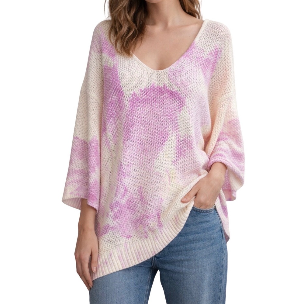 Chicos Oversized Sweater L Linen Blend Artful V Neck Relaxed Pullover‎ Slouchy
